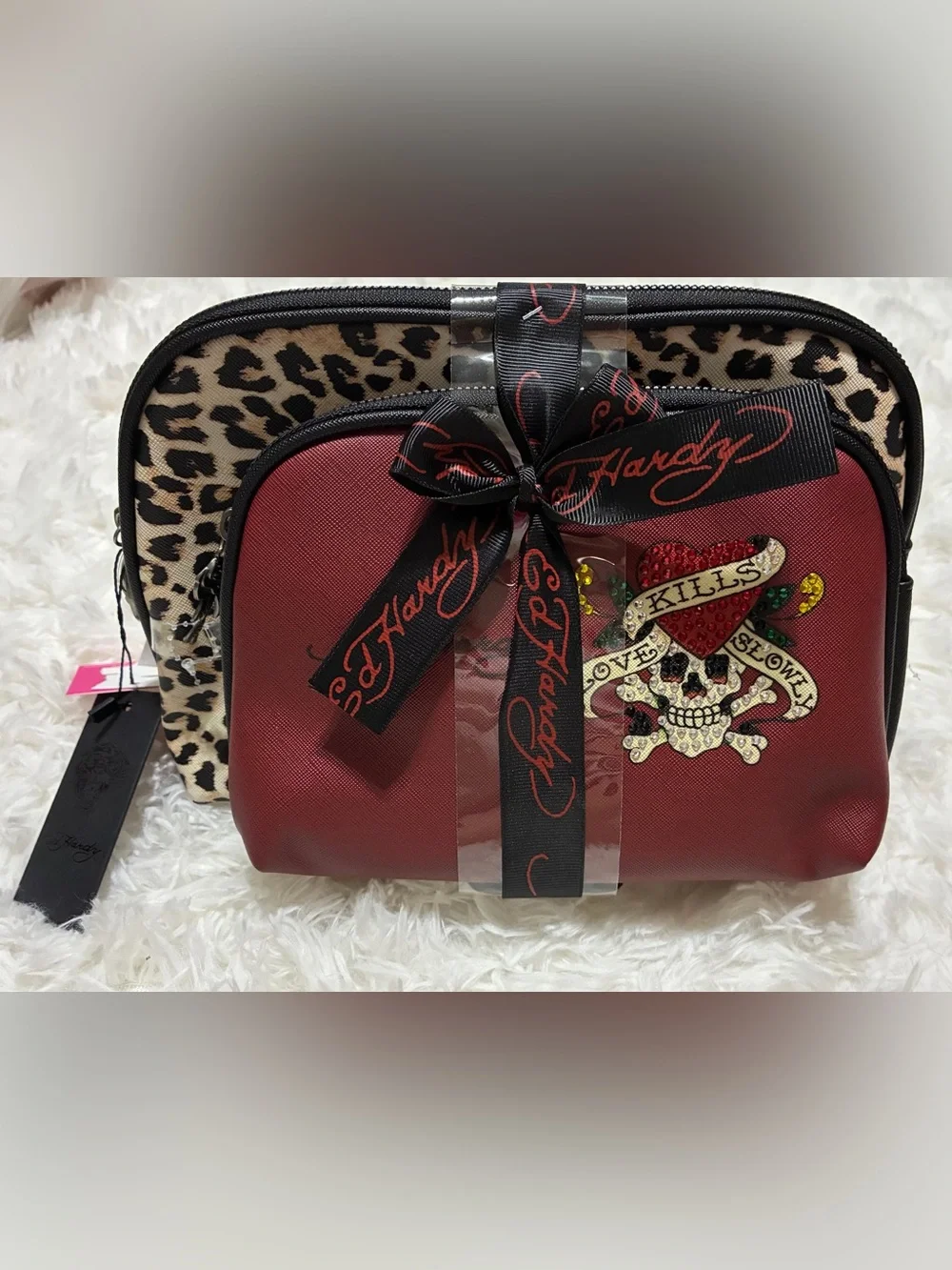 Ed Hardy Red & Leopard Print Skull Cosmetic Bag Set